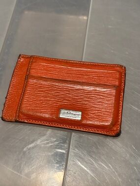 Salvatore Ferragamo Orange Textured Leather Card Holder with Metal Plaque